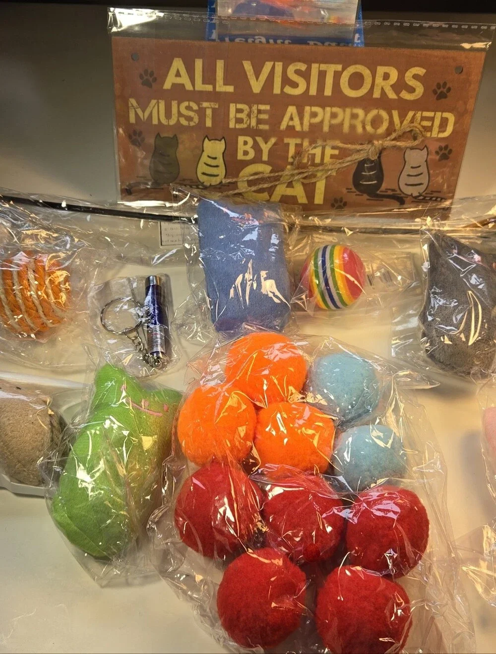 'All Visitors Must Be Approved By the Cat' Sign and Cat Toy Bundle